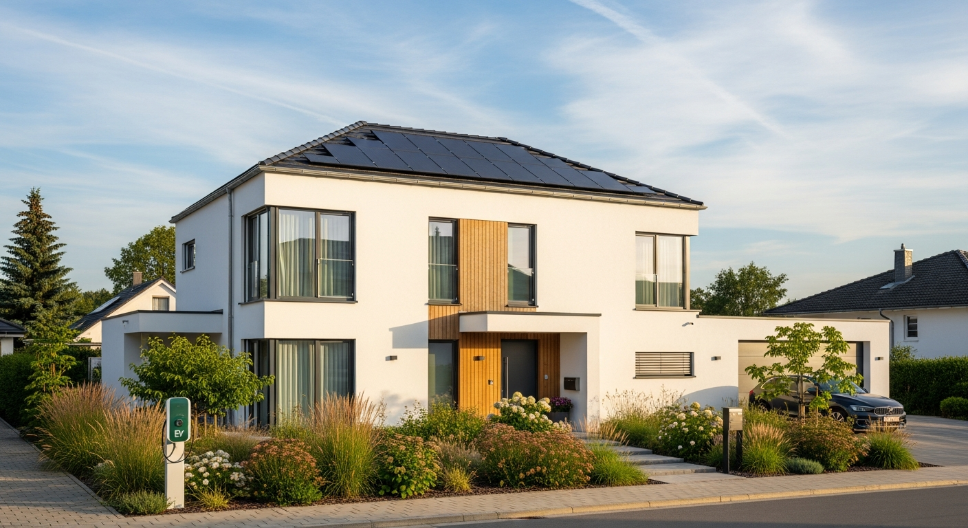 Modernes KfW 40 Haus mit Photovoltaik und großem Garten