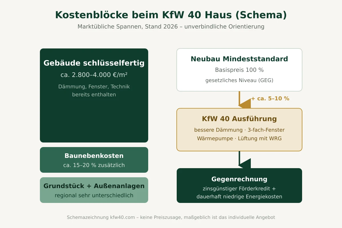 Schemazeichnung der KfW 40 Kosten pro qm: Kostenblöcke Gebäude, Baunebenkosten und Grundstück sowie die Mehrkosten-Logik gegenüber dem Mindeststandard