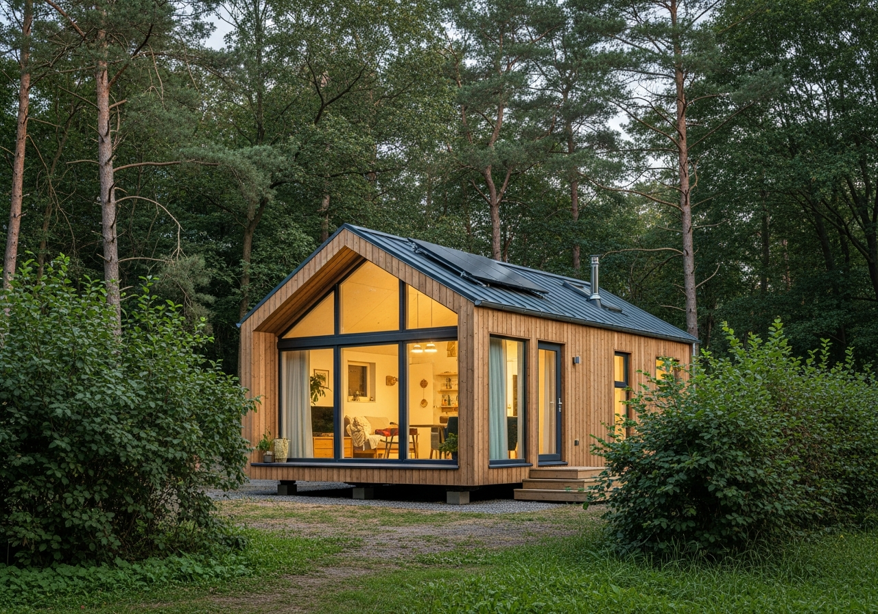 Tiny House KfW 40: modernes Tiny House als Effizienzhaus 40 im Grünen