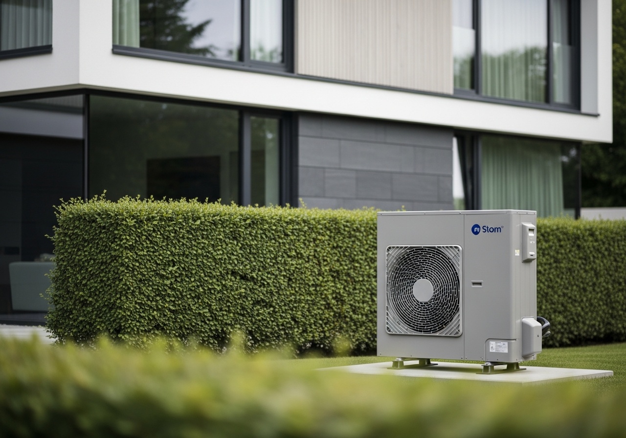 Moderne Wärmepumpe an einem KfW 40 Haus